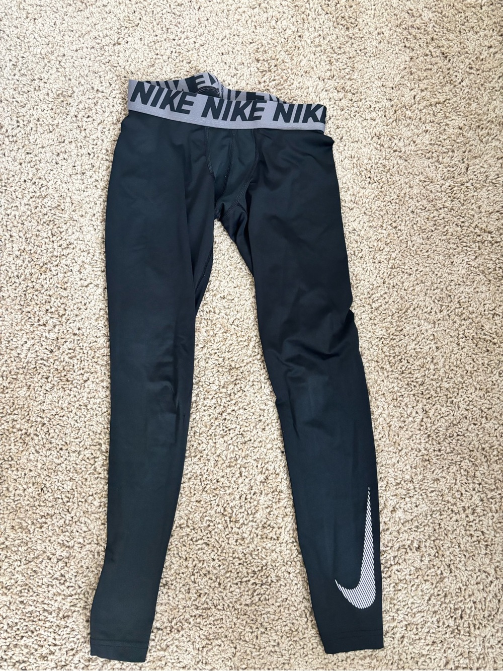 Nike Black Leggings with Gray Logo Waistband and White Swoosh